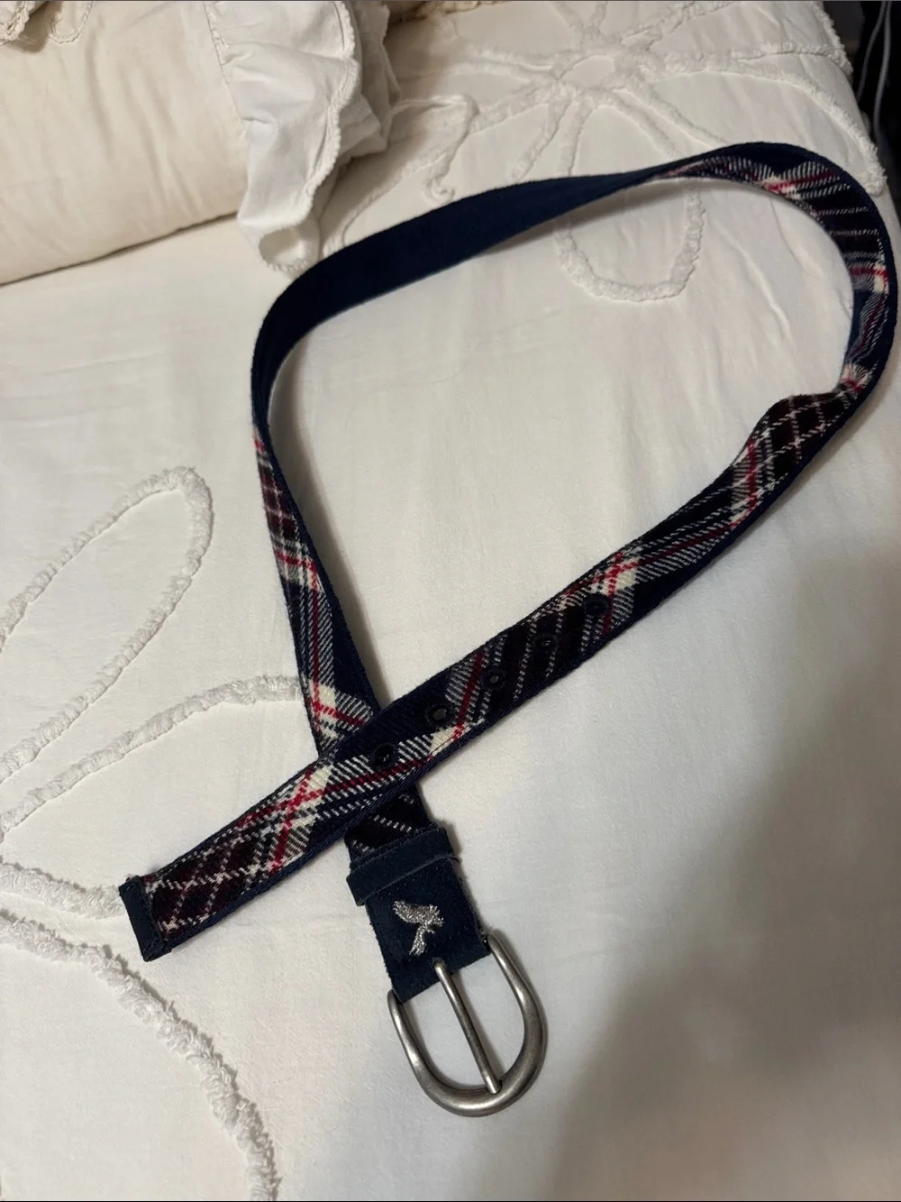 American Eagle Outfitters Navy Plaid Web Belt with Silver Buckle